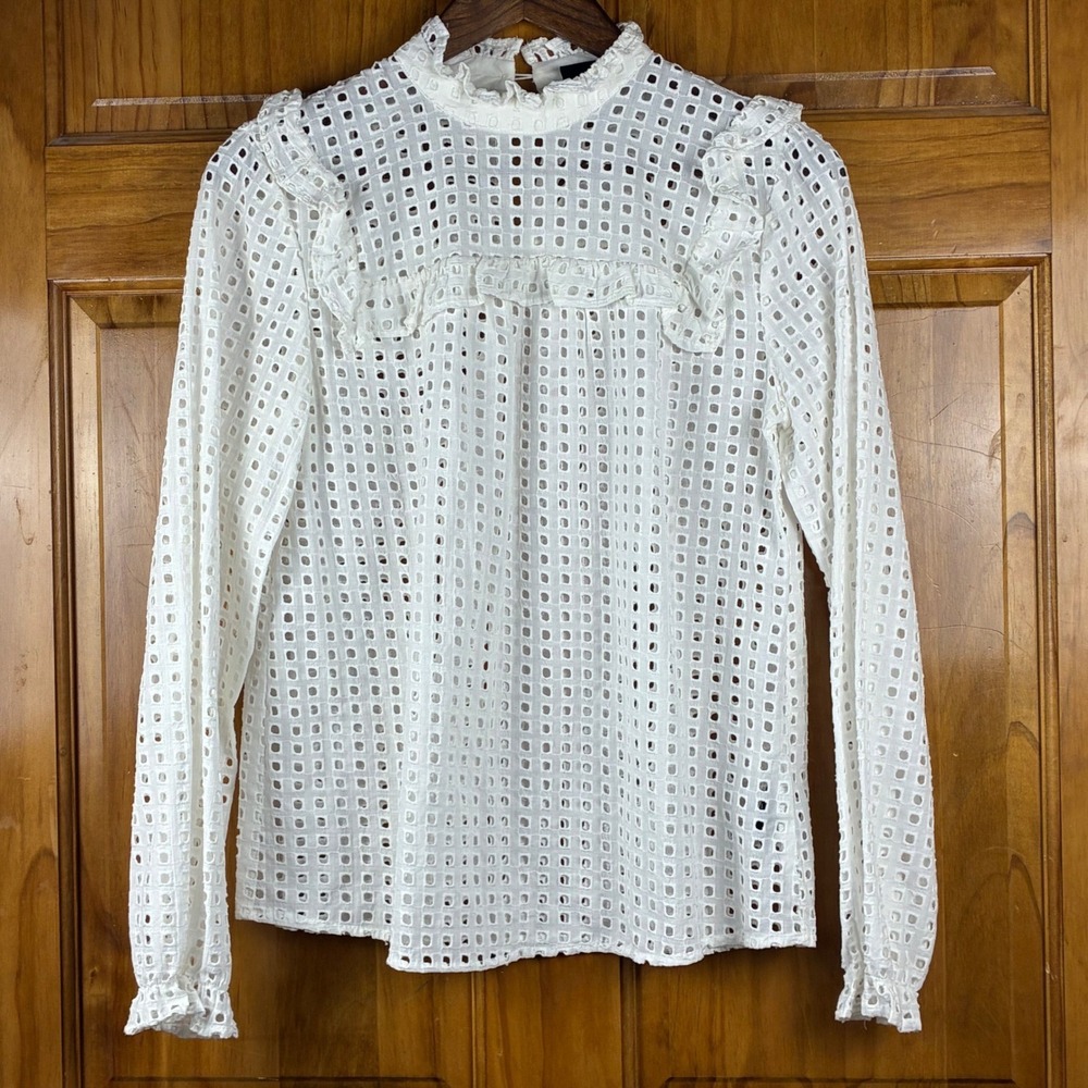 White Eyelet Ruffle Mock Neck Blouse Long Sleeve Small Victorian Cottagecore
